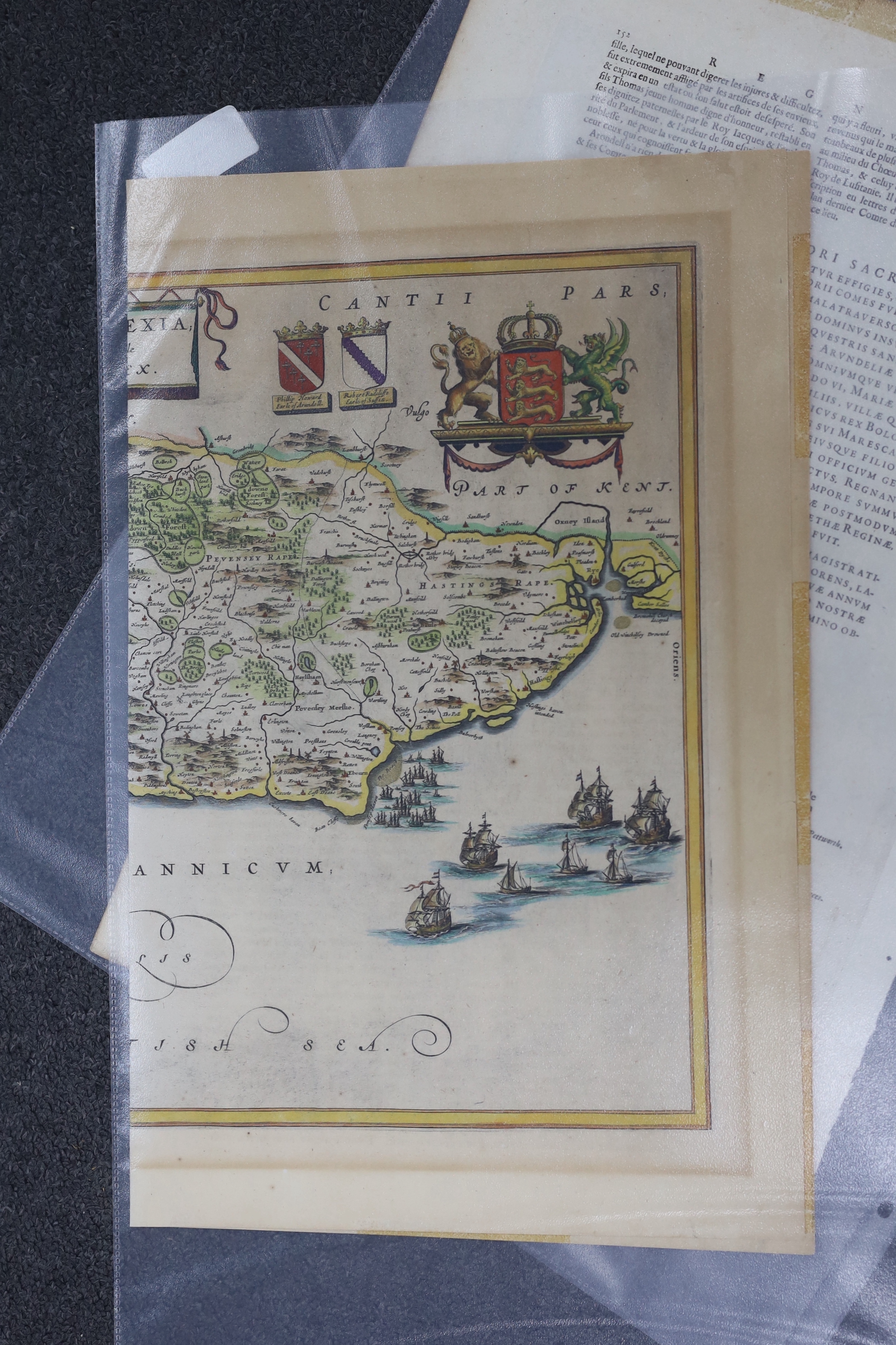 Three unframed 17th century maps of Sussex; a Valk & Schenk, 41 x 58cm and two by Johannes Blaeu, 46 x 59cm and 50 x 61cm